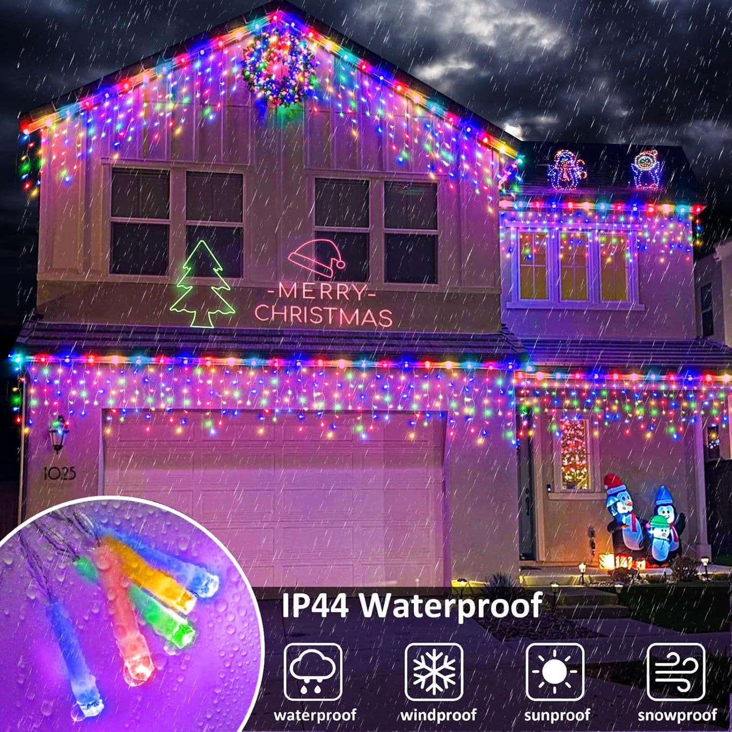 Icicle Lights for Outside, 16.5FT 200 LED Icicle Christmas Lights with 8 Modes Waterproof, Plug In Curtain String Light for Indoor Outdoor Bedroom Patio Party Wedding Decorations, Multicolor