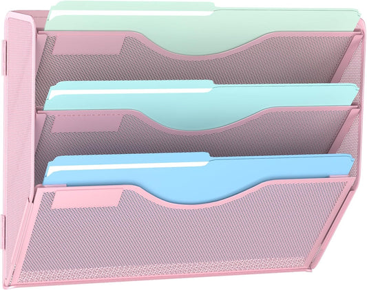 3 Tier Hanging Wall File Organizer, Mesh Mail Paper Orgnization Hanging File Folder Holder for Home Office, Pink
