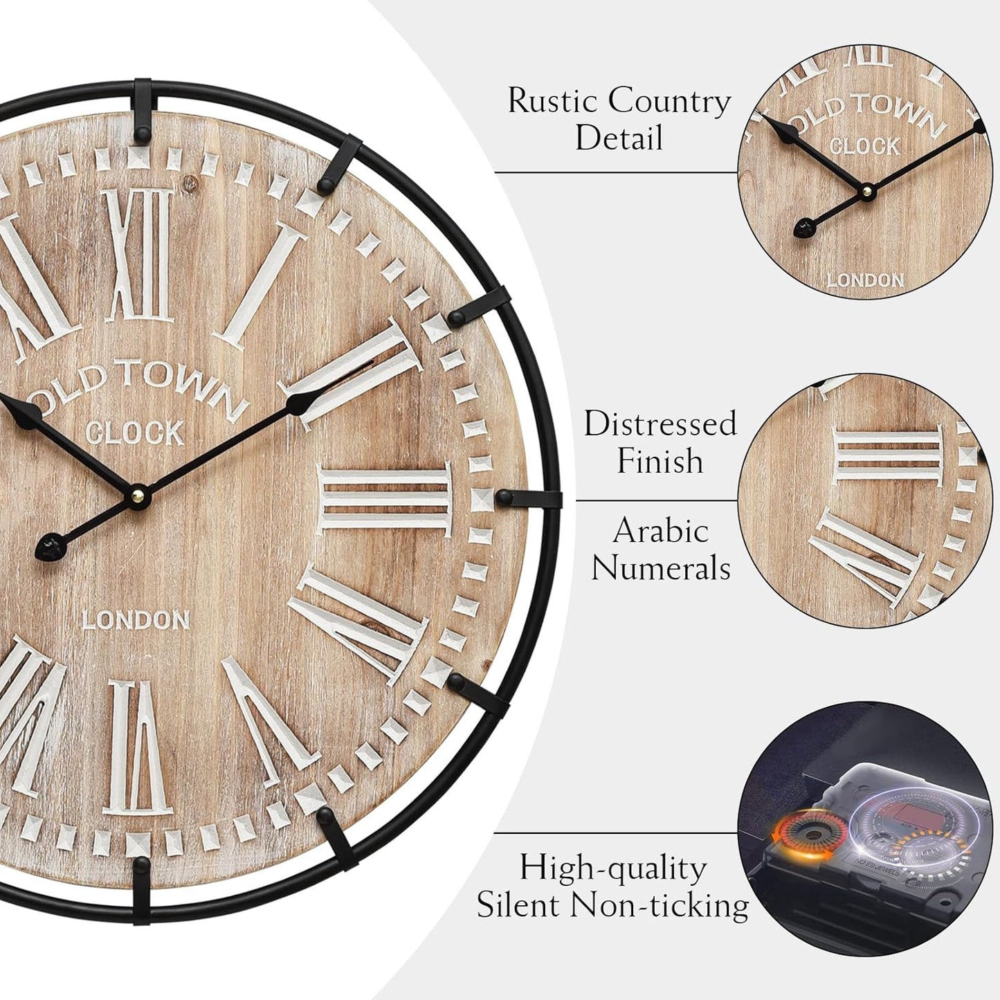 24 Inch Grand Farmhouse Wall Clock, Vintage-Inspired Wood & Metal Design with Large Etched Numbers, Silent Battery-Powered Timepiece for Offices, Kitchens, Bedrooms, and Living Rooms