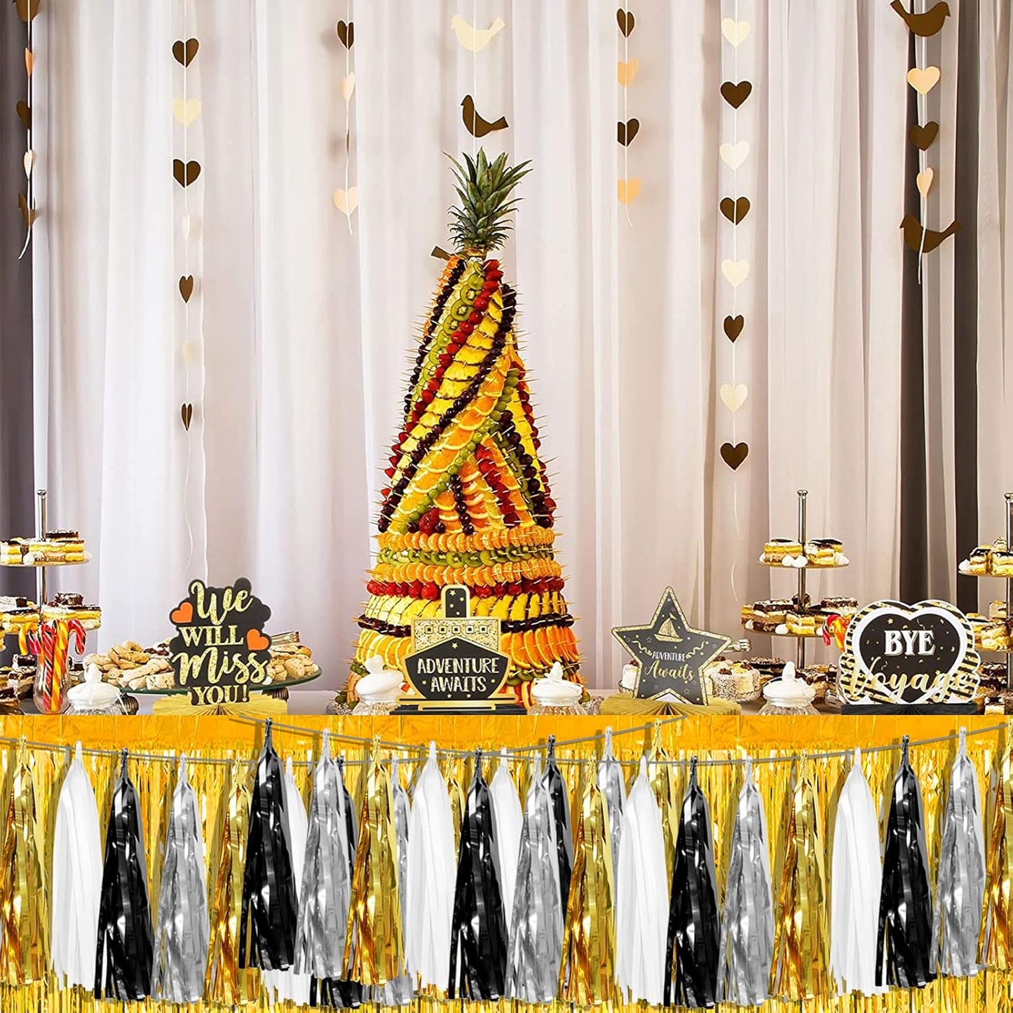 4P Navy-Blue White-Gold Foil Fringe Metallic Tassel-Garland, Tassels Banner Streamers for Parade Floats, Bachelorette, Wedding, Birthday, Halloween, Christmas, Bridal/Baby Shower Party Decorations