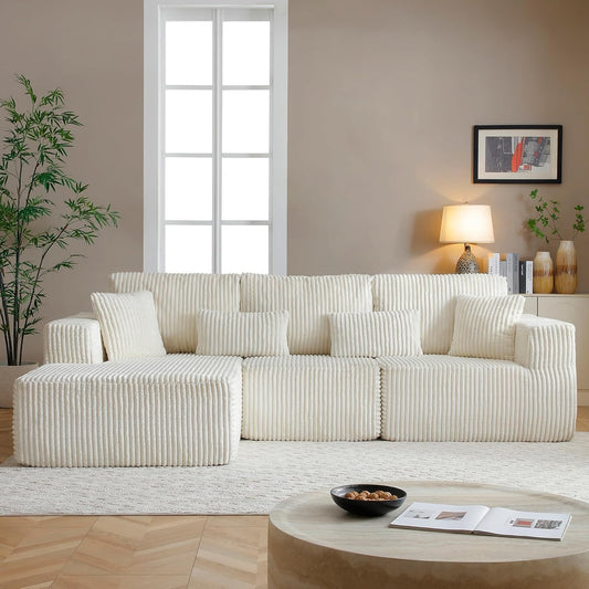 HYJT-H&K Modular Sectional Sofa Cloud Sectional Couch, 107" Comfy Fluffy L Shaped White Couches for Living Room, Deep Seat Memory Foam Plush Corduroy Boneless Couch Sectionals Left Facing Chaise Sofa