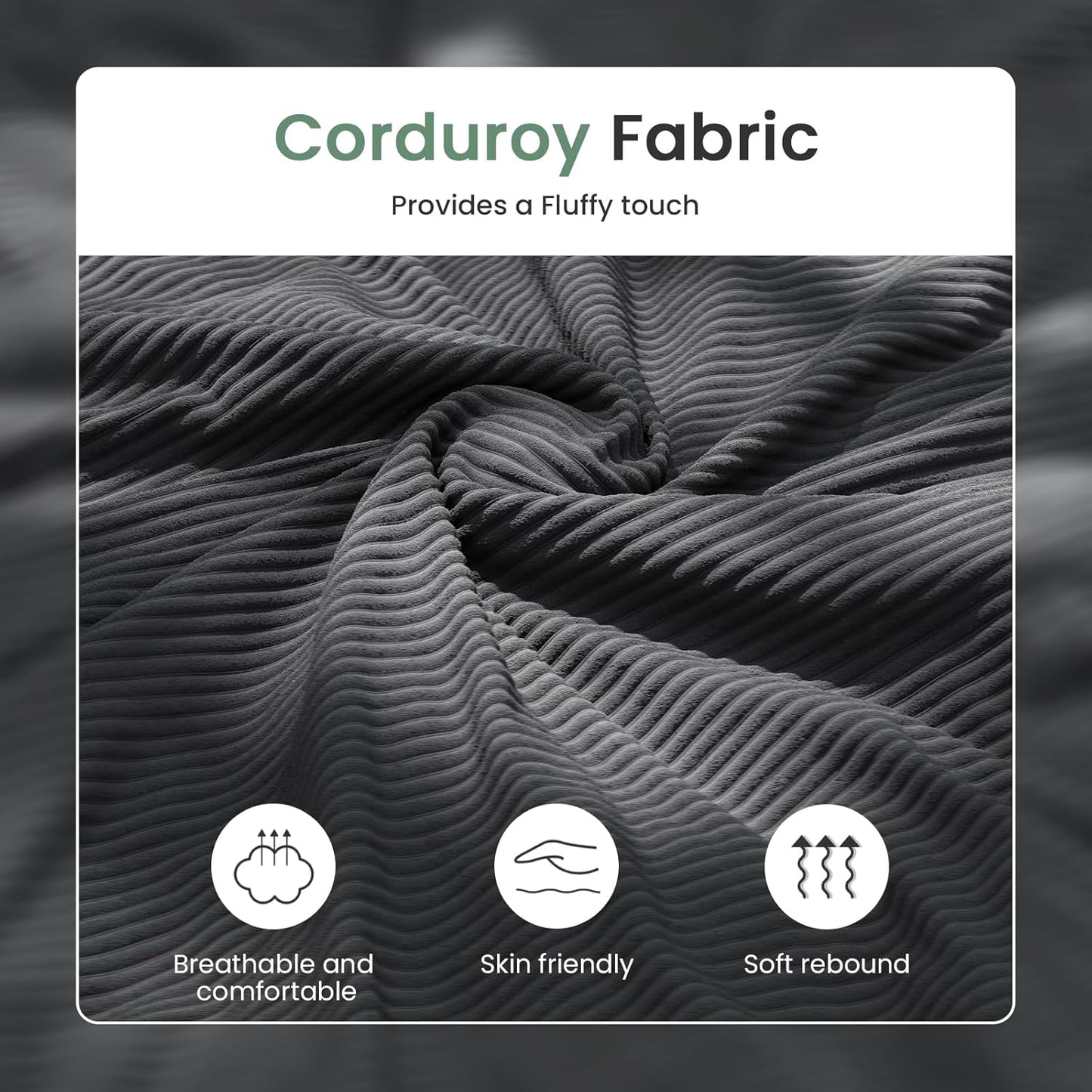 2 Pieces Corduroy Couch Set for Living Room, Black Cloud Sofa, Deep Seat Floor Couch for Bedroom, Futon Modern Sofa Sectional Bed, Black Corduroy