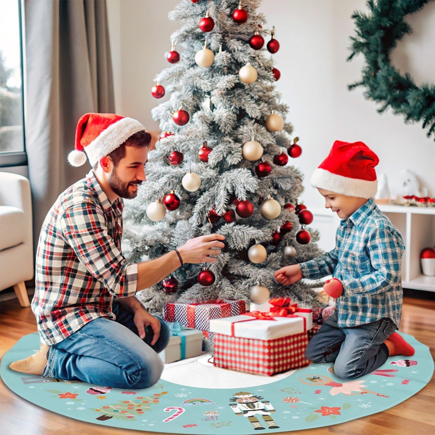 48" Large Christmas Tree Skirt, Turquoise Nutcracker Sweet Pattern Tree Mat Base Cover for Xmas Festive Holiday Party Decoration Ornaments
