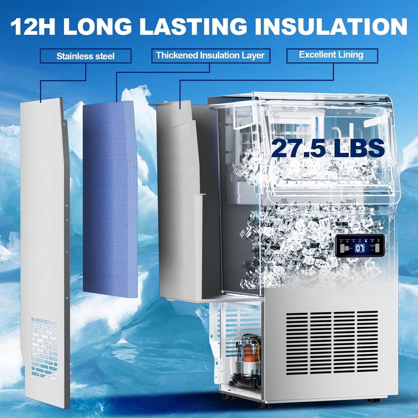 Ice Maker Commercial Ice Machine, 120lbs Per Day, Auto-Cleaning, Countertop Ice Maker with Basket and Scoop, for Home Party/RV Camping