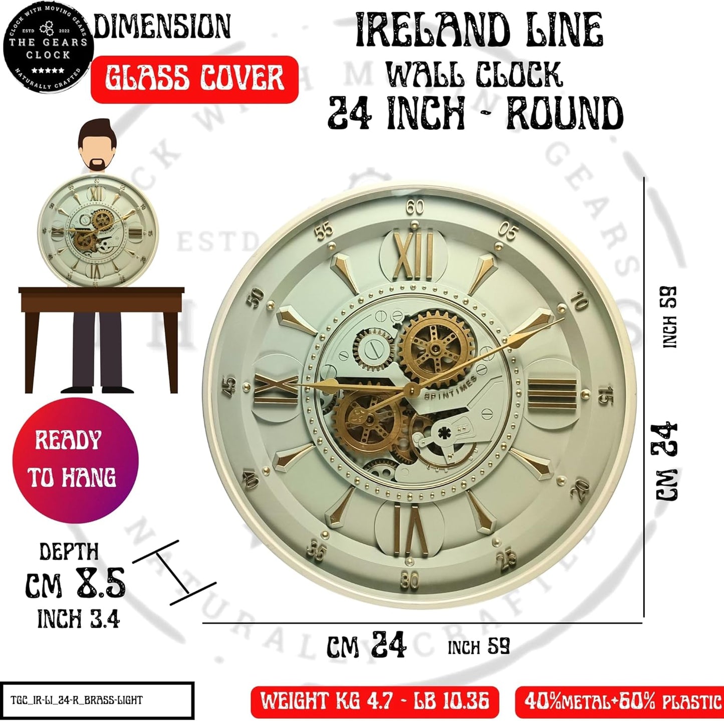 24'' Inch Real Moving Gear Wall Clock Ireland Line (Brass Light, 24 inches (59 cm))