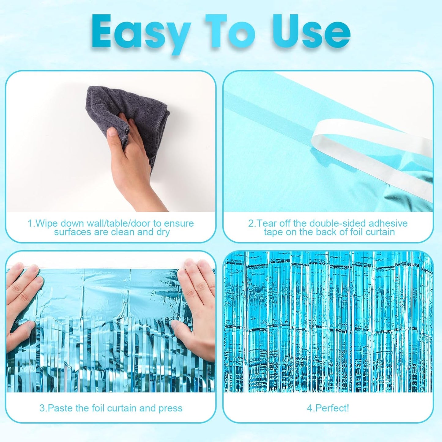 3 Pack 3.3x8.2 Feet Light Blue Foil Fringe Backdrop Curtains, Tinsel Streamers Birthday Party Decorations, Fringe Backdrop for Graduation, Baby Shower, Gender Reveal, Disco Party