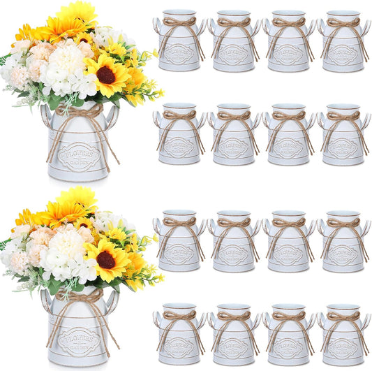 6 Inch Farmhouse Vase Decor Milk Can Vintage Flower Jug Galvanized Metal Vase with Handle Rustic Flower Buckets for Thanksgiving Christmas Table Centerpiece Weddings Gifts(Retro White,16 Pcs)
