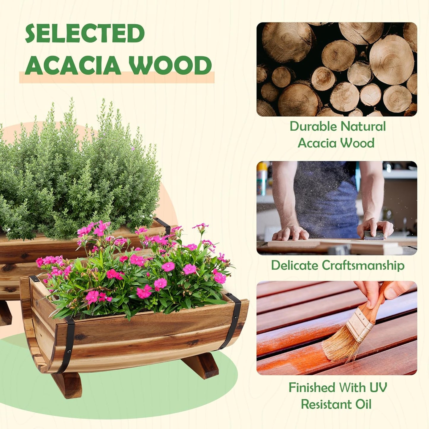 IDZO Solid Acacia Wood Half Barrel Planters Outdoor Set of 2 Different Sizes, Wooden Planters for Outdoor Plants with Metal Bands & Drainage Holes, Legs Included, Natural