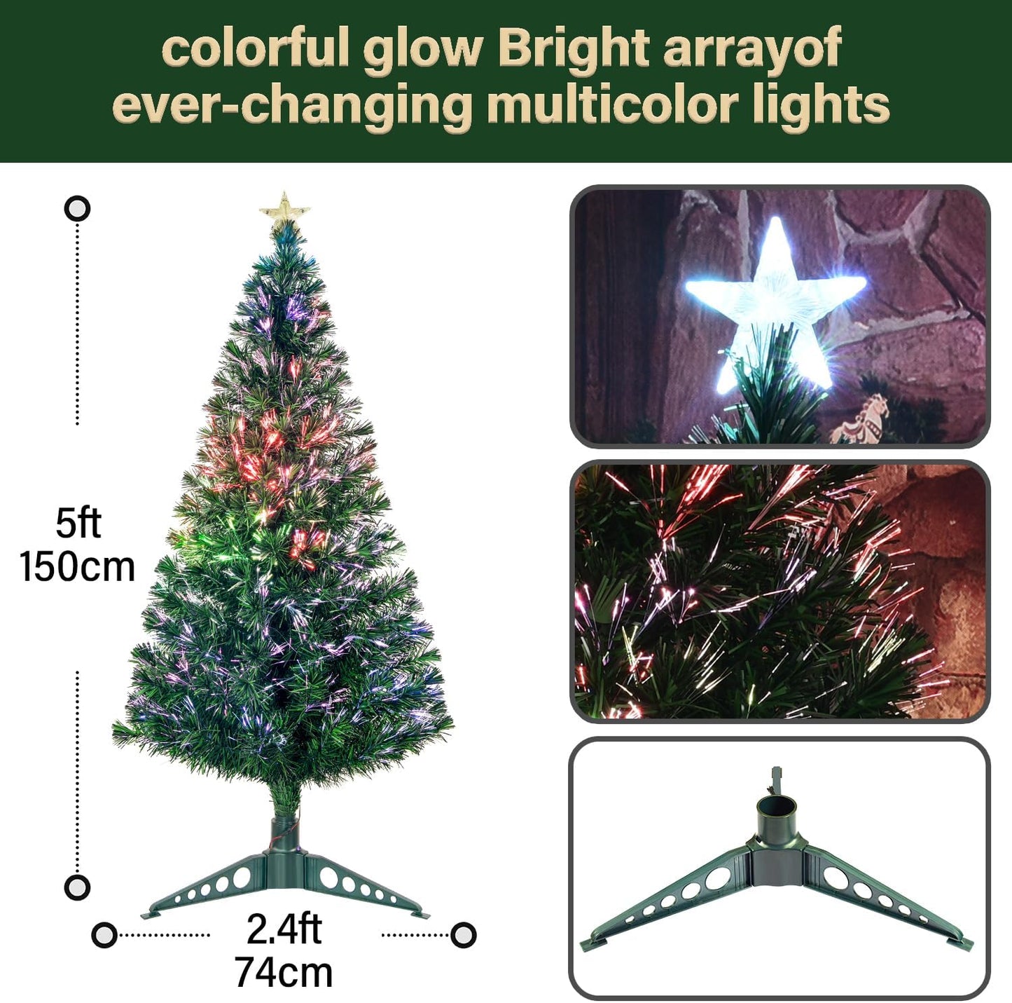 5FT Fiber Optic Green Christmas Tree Artificial Tree with Stand,Pre-lit Full Xmas Tree with Top Star Perfect for Indoor Holiday Decoration