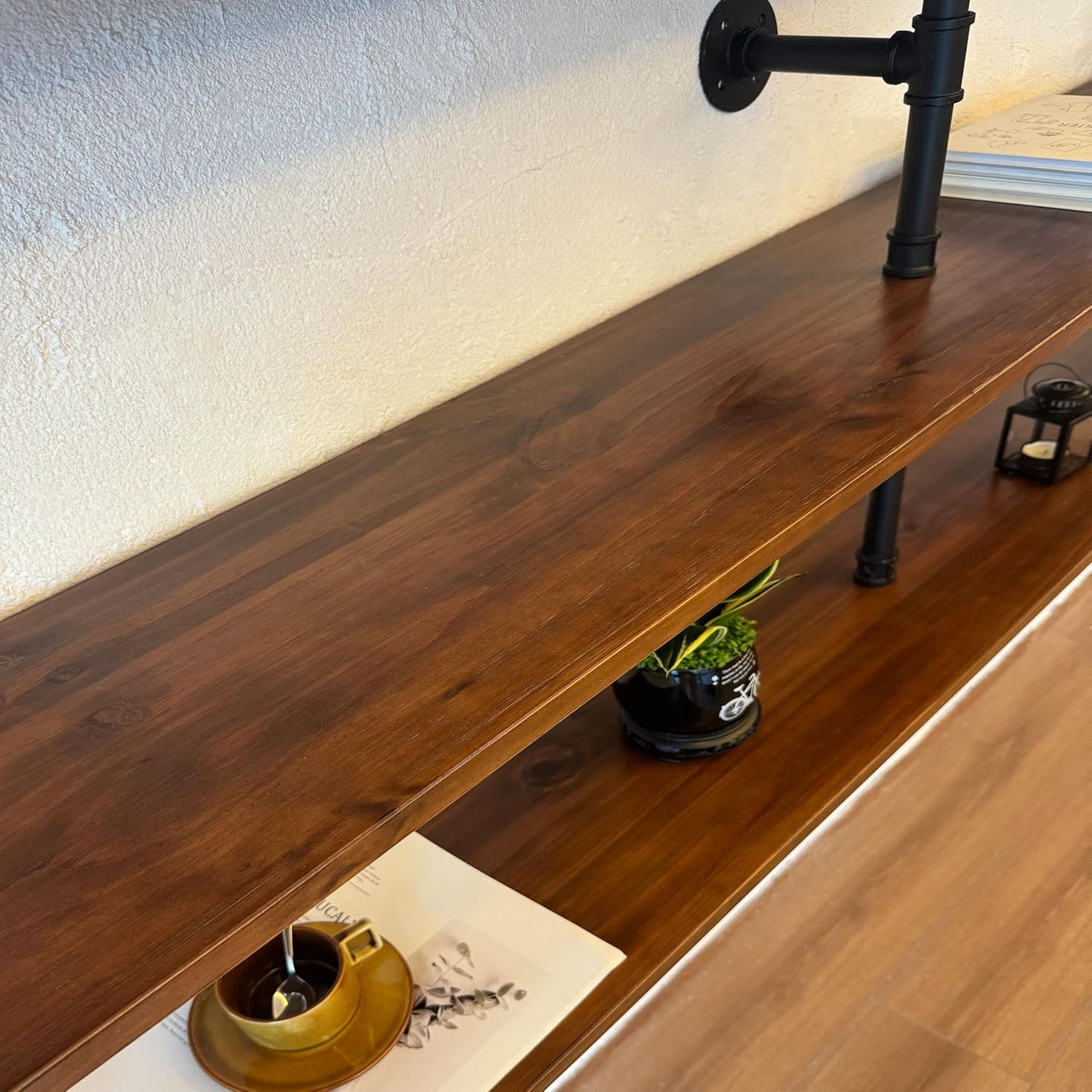 Industrial Pipe Wall Shelves With Real Wood Plank, 70 Inches Floating Shelves for Wall, 4 Tier Farmhouse Book Shelves, Dark Brown for Kitchen, Living Room Decor and Bar