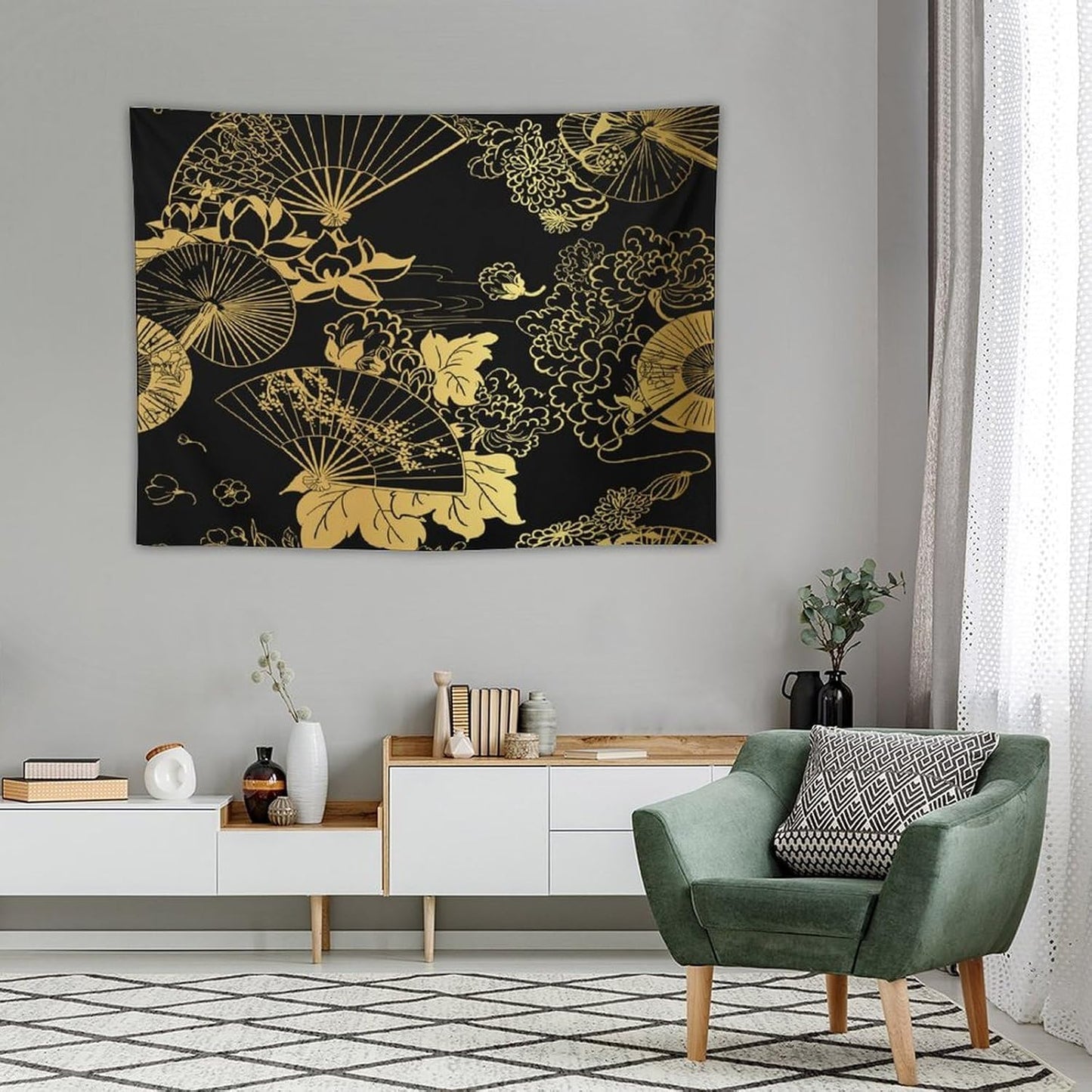 HZOHNAGO Japanese Tapestry Gold Flowers Umbrella Fan Pattern Printed Wall Tapestry Painting Wall Hanging for Bedroom Living Room Dorm 40" W x 30" H
