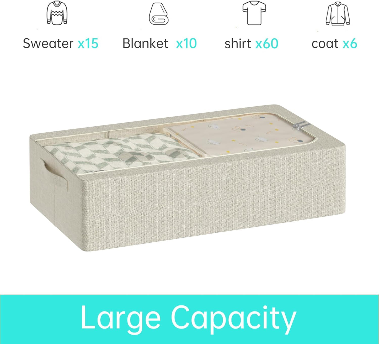 3PCS Under Bed Storage Bins with Metal Frame, Linen Fabric Frame Storage Box Clothes Organizer Bins, Underbed Container with Clear Window (Beige, 15.7 x 13 x 6IN)