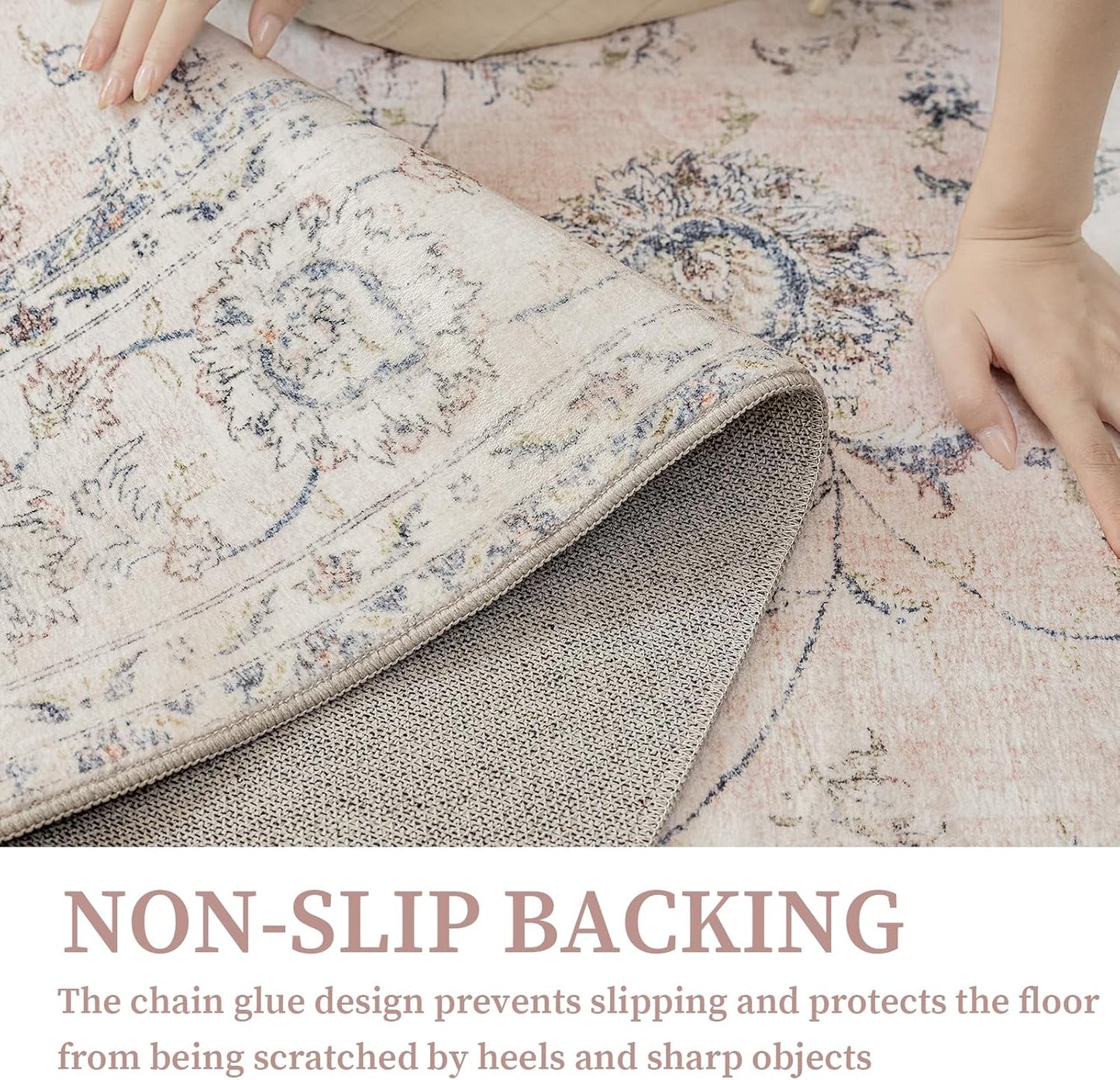 2'x3' Vintage Floral Rug - Persian Inspired Low-Pile Faux Wool Area Rug, Non-Slip Washable Small Rug for Bedroom, Nursery, Dorm, Soft Pink Boho Chic Decor