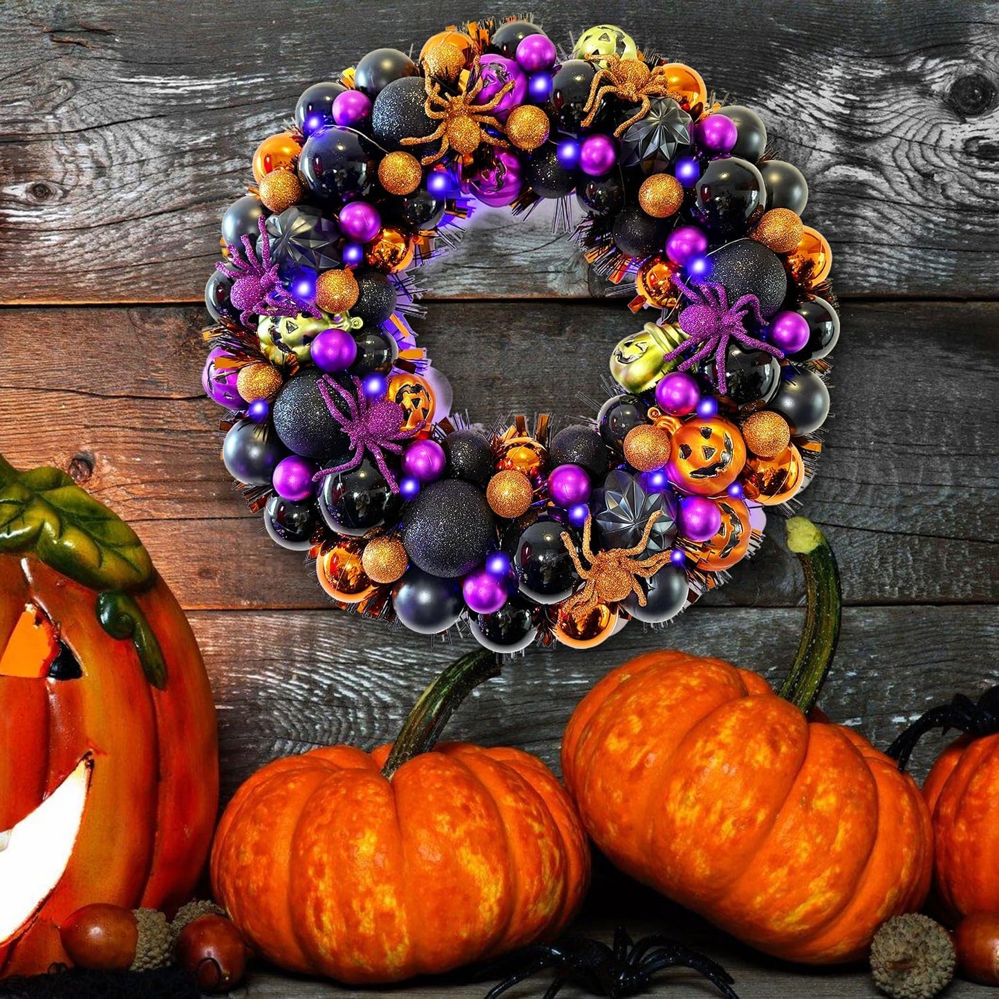 17 Inch Halloween Ball Wreath for Front Door with Lights, Lighted Cute Treat-or-Trick Door Wreath Ball Ornament for Halloween Indoor Decorations Centerpiece Party Holiday Wall Home Decor