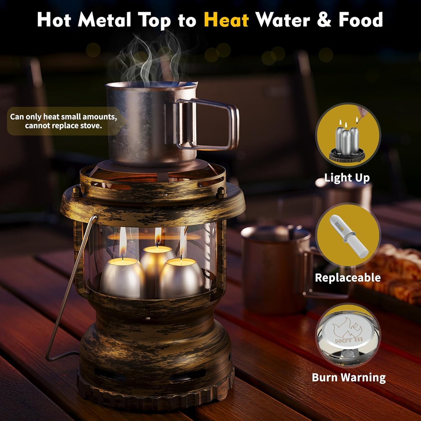 3-Wick Emergency Candle Lantern for Power Outages [18H+ Burning Time] Vintage Decorative Candle Lantern for Real Candles, Outdoor Portable Camping Survival Lighting [7.1"*5.7" - Vintage Brass]