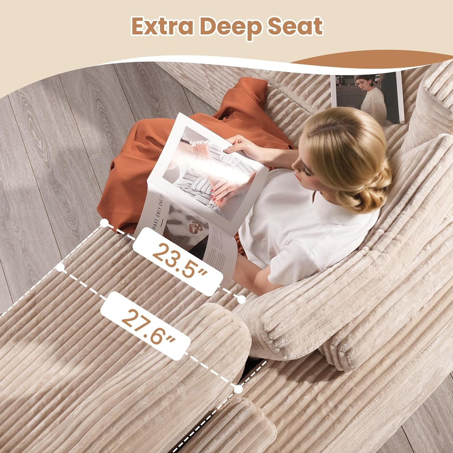 HOOOWOOO Cloud Sectional Couches for Living Room,Modular Sectional Sofa No Assembly,133X70 Inch Plush Corduroy Large U Shaped Floor Couch Set with Deep Seat Chaise Ottoman(Beige)