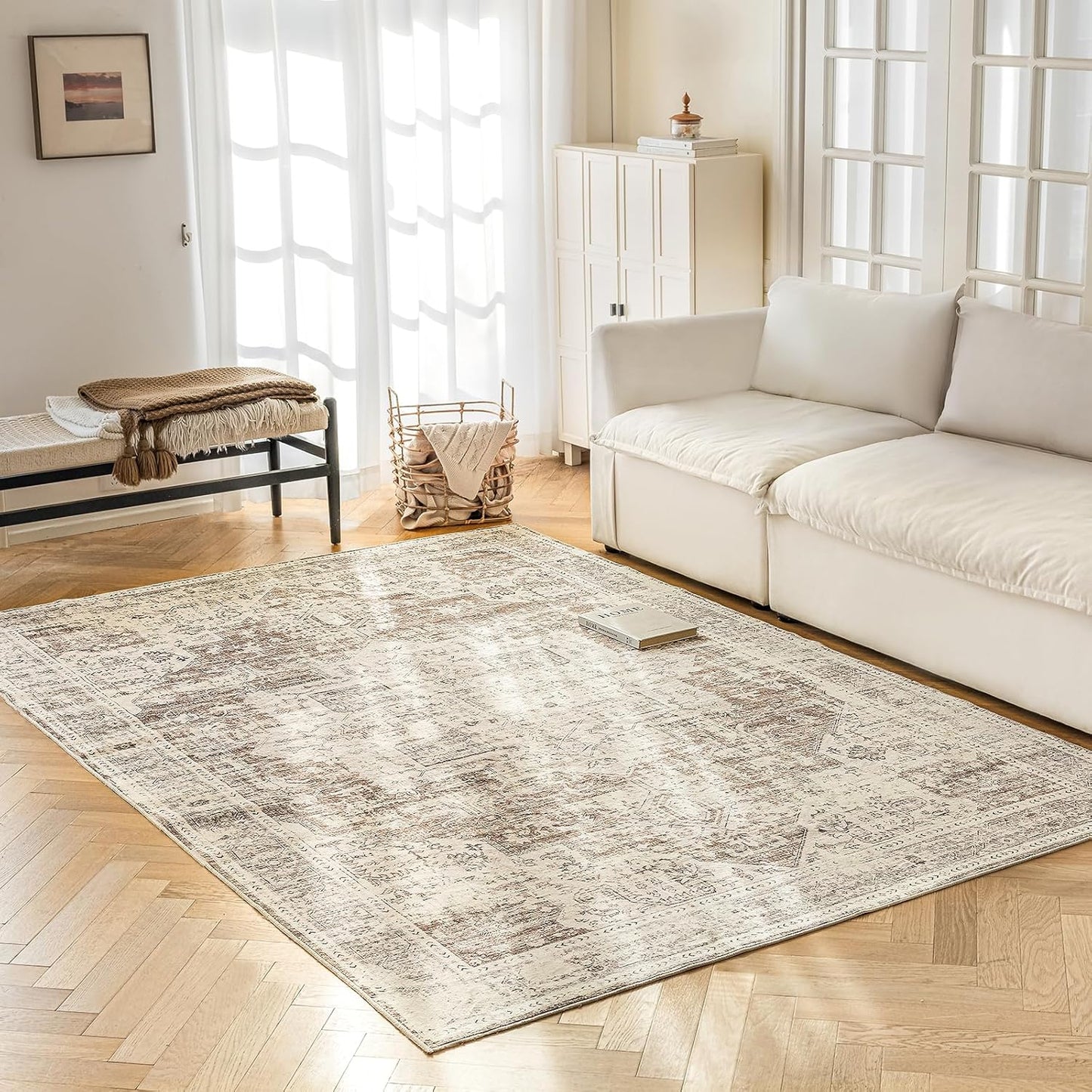 5'x7' Area Rug - Vintage Persian Medallion Design Low-Pile Faux Wool Rug, Non-Slip Backing, Machine Washable, for Living Room, Dining Room, Bedroom (Cream/Taupe)