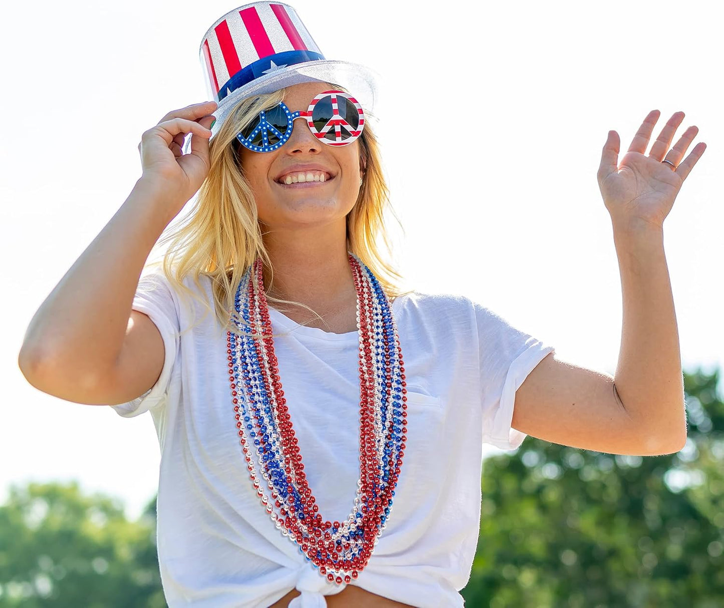 4th of July Necklace Party Favors, 50PCS 4th of July Round Beads Necklace Bulk, Fourth of July Red Blue Silver Necklace, Independence Day Beads Bulk for Patriotic Parade Party Celebration Favor Decor