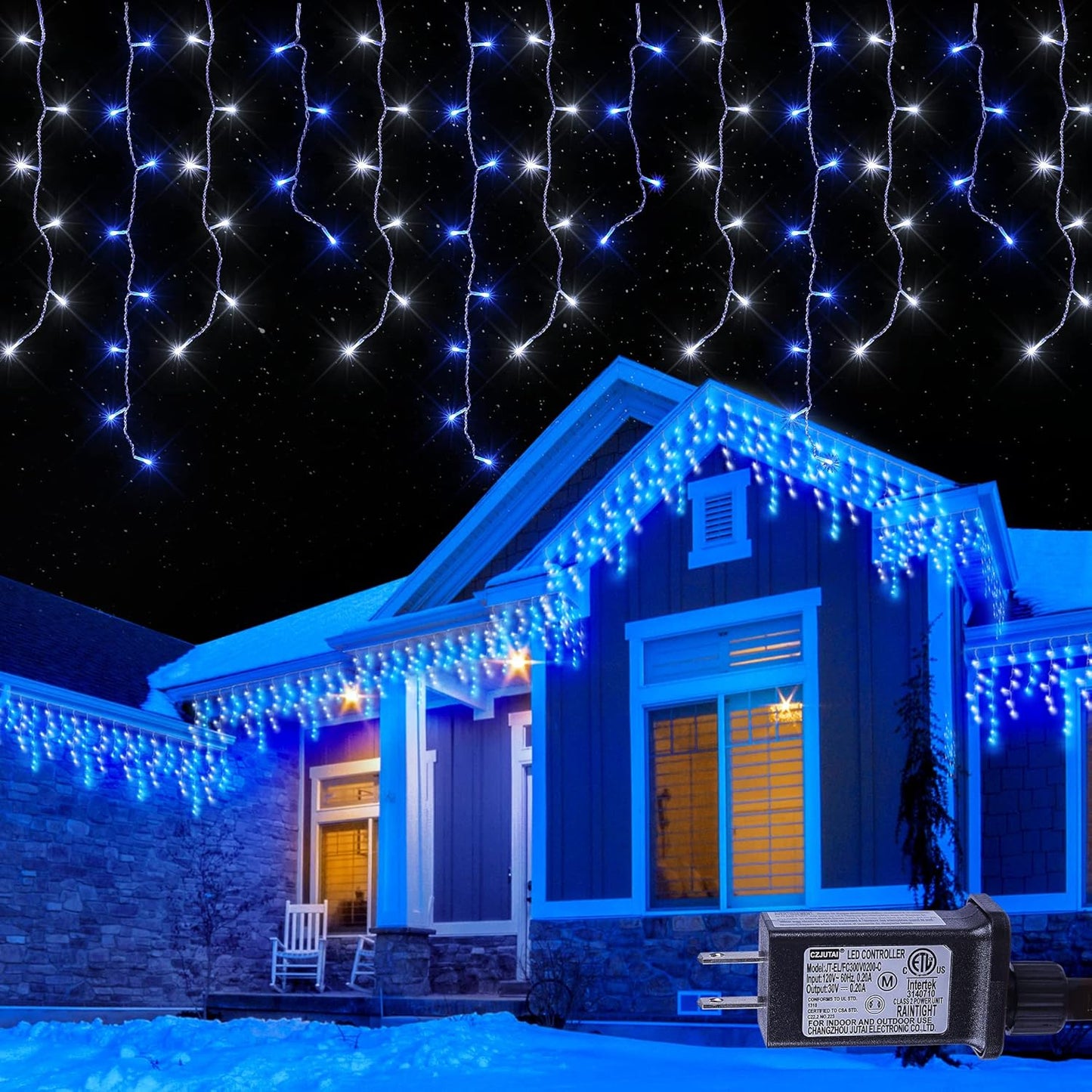 Hopolon 33FT 360L LED Christmas Icicle Lights Outdoor Waterproof,8 Modes Plug in Curtain String LIghts With 60 Drops,Christmas Lights for Wedding,Party,Bedroom,Home,Garden,Wall Decorations(Blue White)