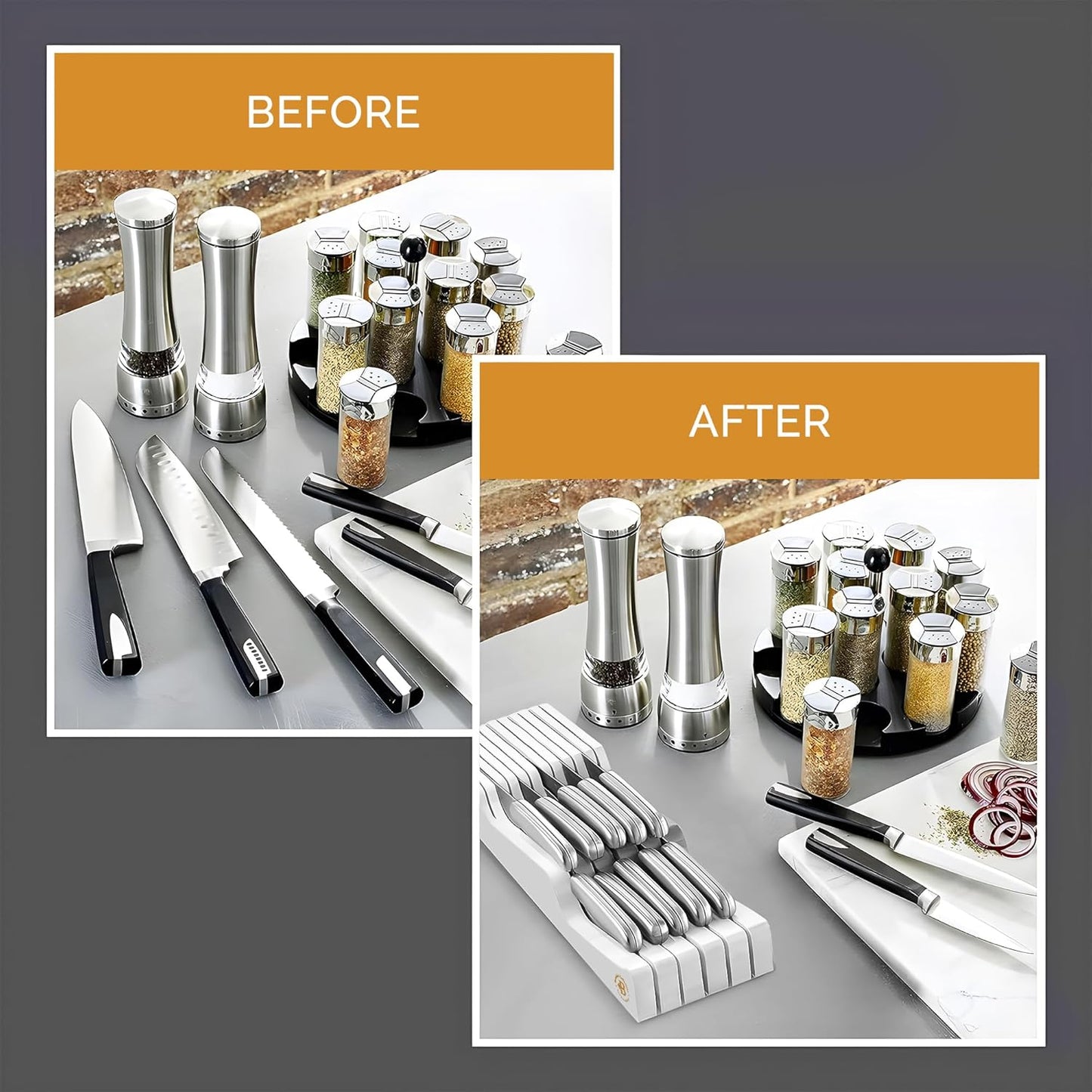 In-Drawer Knife Block Organizer - Bamboo Wood Drawer Knife Organizer - Holds 5 Long + 6 Short Knives (Not Included) - Store Knives with Blades Pointing Down