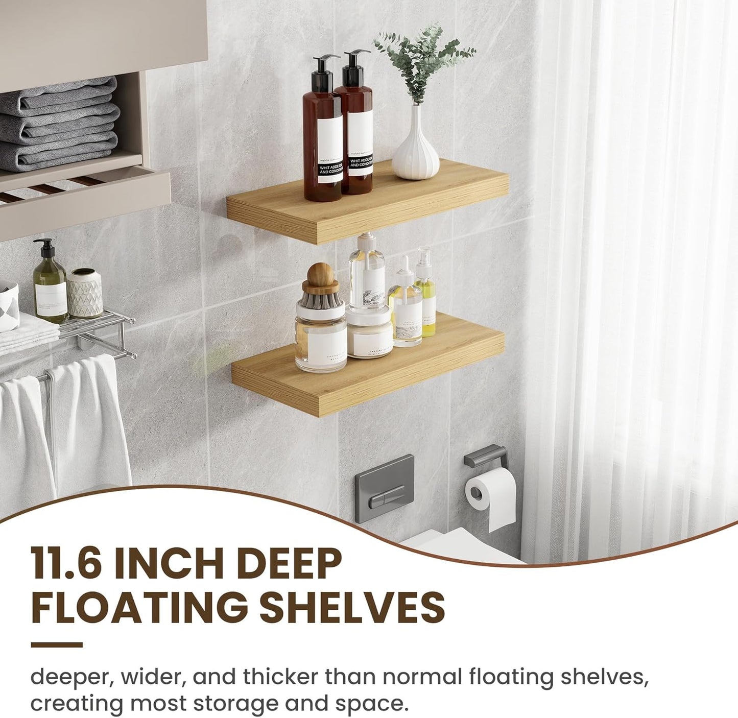 24 Inch Floating Shelves, 11.6 Inch Deep Floating Shelves for Wall, Floating Shelf with Invisible Brackets, Deep Shelves for Bathroom, Bedroom, Living Room, 2 Pack, Natural