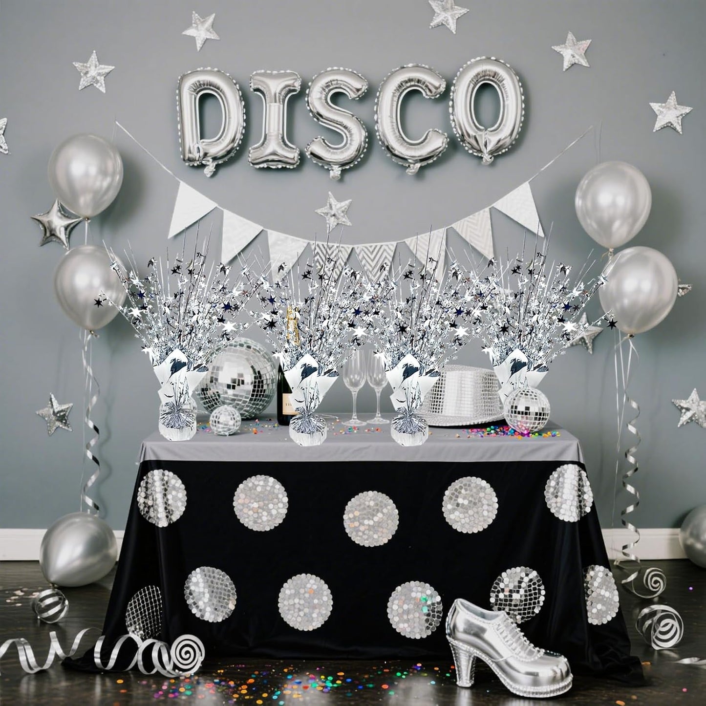 6 Pack Metallic Foil Spray Centerpiece Star Table Decoration Burst Table Centerpieces for Birthday Wedding Anniversary Graduation Holiday Party Supplies Decor, Silver