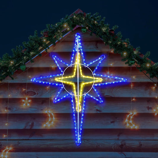 51'' Christmas Star of Bethlehem LED Star Hanging Lights Nativity Holy Family Light for Door Window Porch Wall Decoration Plug Operated Lighted Hanging Tree Topper(Blue, White)