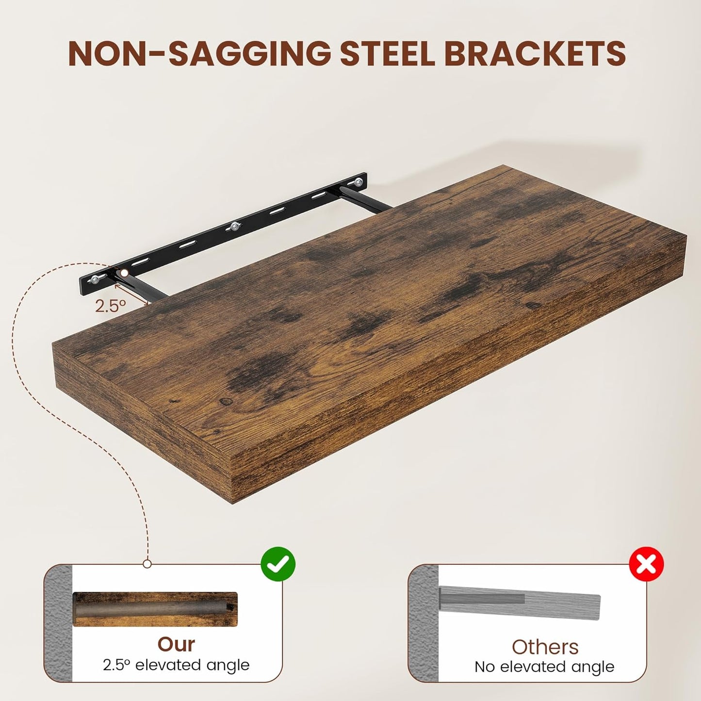 12" Deep Floating Shelves for Wall 24 Inches Long, Heavy Duty Wall Shelves for Bedroom Bathroom Kitchen Laundry Room, Farmhouse Rustic Shelves for Home Decor, 24" X 12" X 2" Set Of 2, Rustic Brown