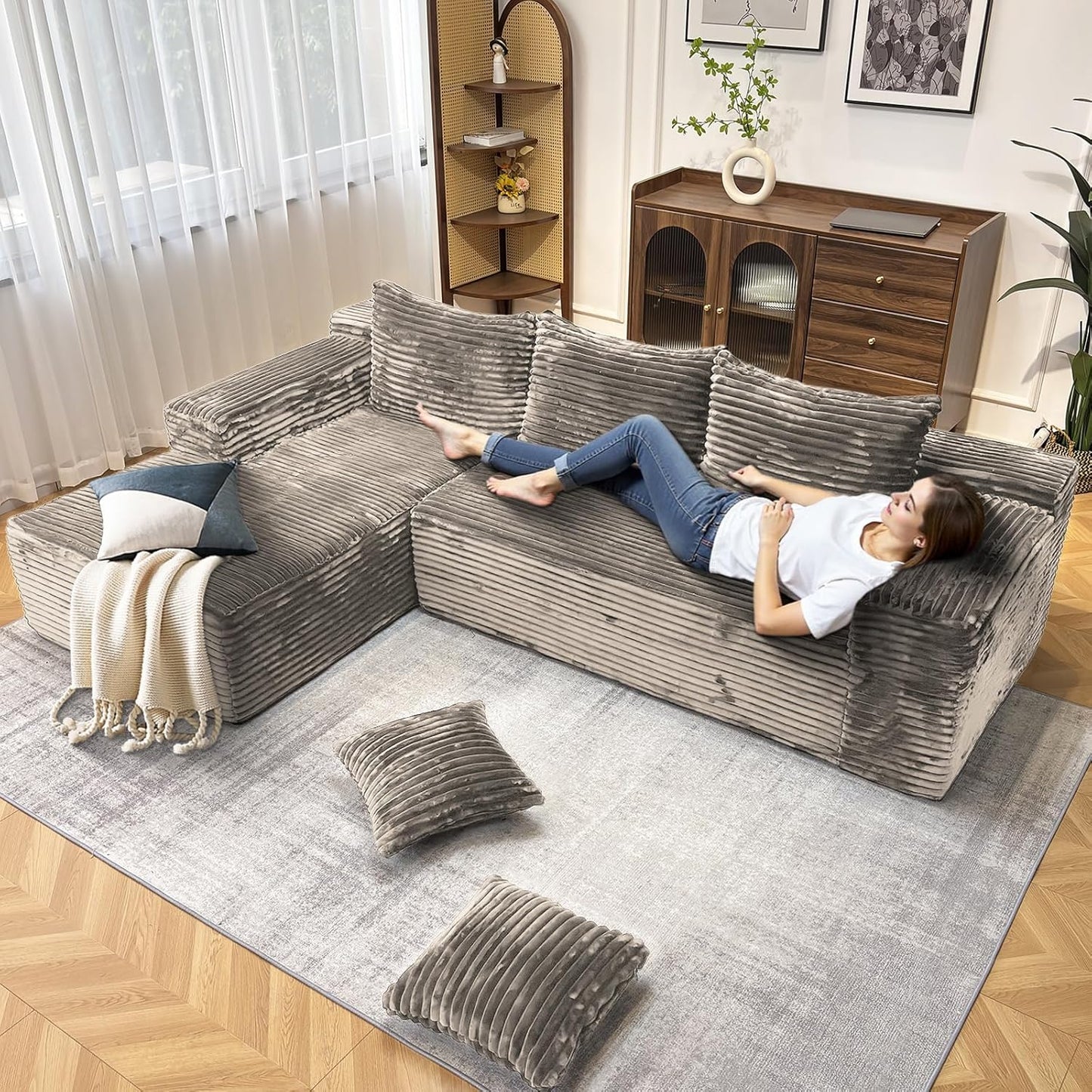 104" Modern Modular L-Shape Sofa Couch with Chaise Light Coffee Faux Rabbit Fur Cloud Sectional Couch with Deep Seat Modular Sectional Sofa No Assembly Required Upholstered Couches for Living Room