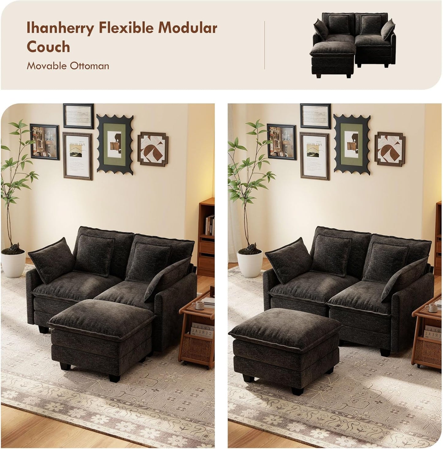 Ihanherry 57" L Shaped Modular Sectional Cloud Sofa, Modern 3 Seat Chenille Couch with Ottoman for Living Room, Bedroom and Apartment, Black