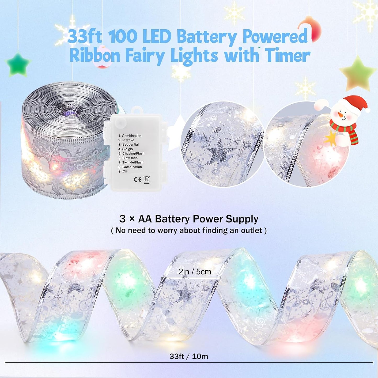 2 Pack Christmas Tree Ribbon String Lights - 33ft 100 LED Battery Powered Fairy Lights with Timer and 8 Lighting Modes, Ribbon Bows Light for 6ft - 8ft Christmas Tree Decor, Silver Ribbon, Multi-color