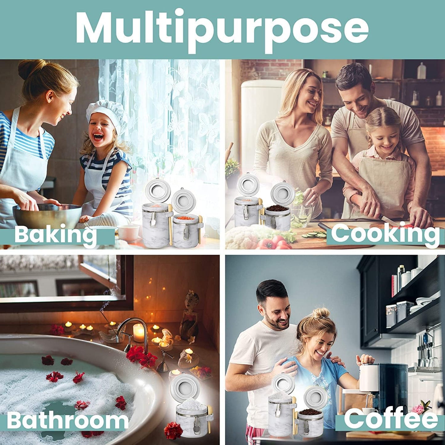 Home Intuition 4-Piece Ceramic Kitchen Canisters Set, Airtight Containers with Wooden Spoons Reusable Chalk Labels and Marker for Sugar, Coffee, Flour, Tea (White Marble)