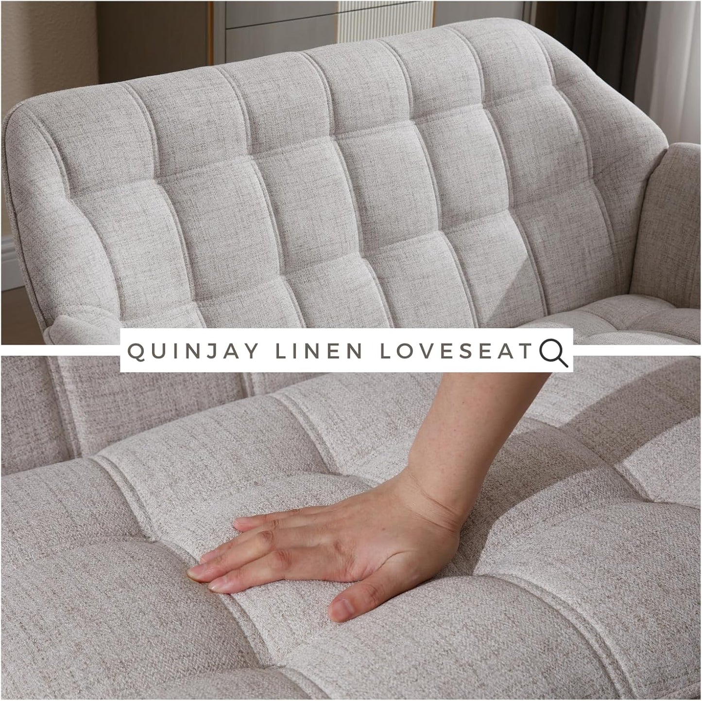 48" Small Loveseat Sofa, Modern Linen Fabric Mini Sofa Couch 2-Seater Love Seat with Quilting Backs and Wood Legs for Living Room, Bedroom and Small Space, Beige