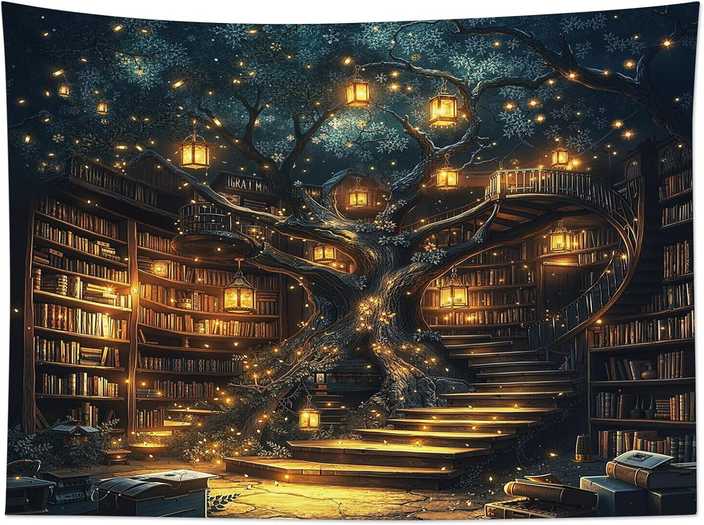 HVEST Fantasy Library Bookshelf Tapestry for Classroom Fairytale Tree Magic Bookshelf Wall Decor Retro Vintage Tapestry for Bedroom Living Room Study Room Dorm, 60L x 80W Inches