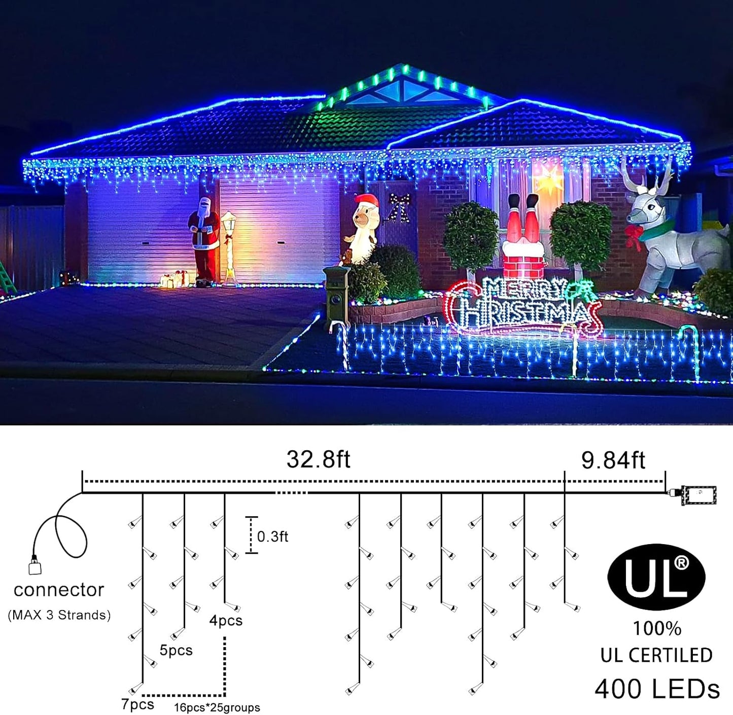 Icicle Christmas Lights Outdoor, 33 FT 400 LED Icicle Lights for Outside 8 Modes with 75 Drops, Plug in Waterproof Hanging Christmas Light for Holiday Pavilion Balcony Decorations, Blue