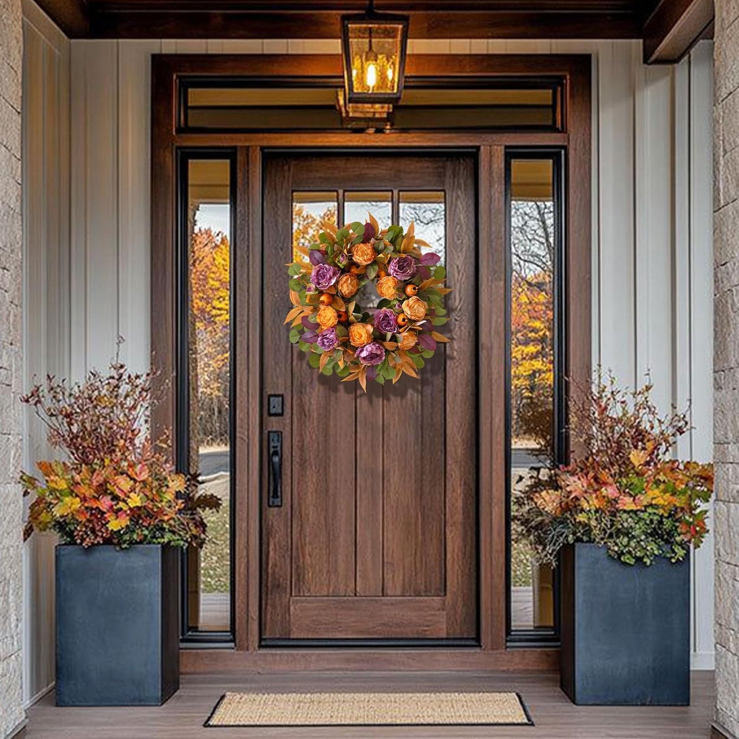 24 Inch Fall Wreath for Front Door - Autumn Wreath with Peony, Maple Leaves, Berries - Farmhouse Thanksgiving Halloween Decor for Porch, Front Door, Indoors & Outdoors - Rustic Harvest Home Decor