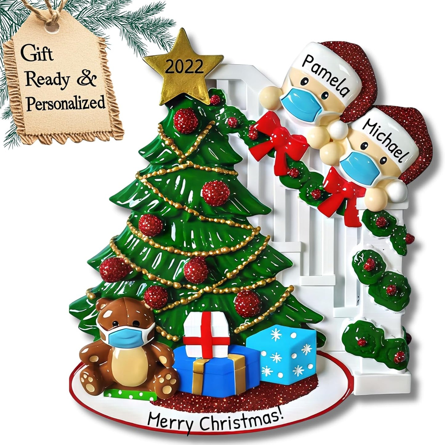 3D Personalized Our First Christmas Ornament 2025 | Peeking Over Staircase Couple Ornaments in Mask Couples Ornament 2025 Family of 2 Unique for a Couple Ornaments Couples Gifts