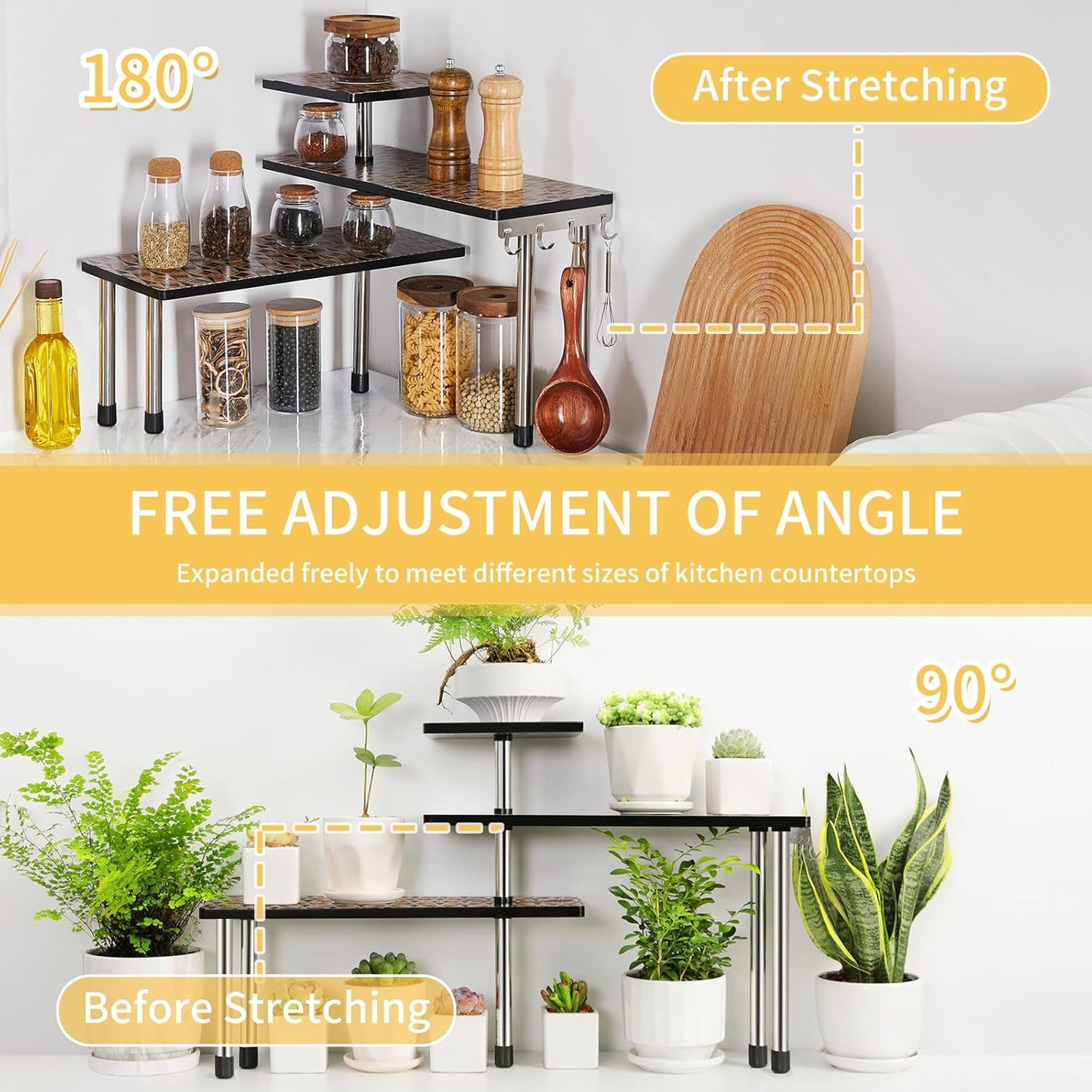 HYNAWIN 3-Tier Countertop Shelf,Desktop Storage and Organization,Bamboo Corner Shelf Over the Table With Printed Pattern-Adjustable Rack with Double Legs for Kitchen,Bed Room, Office