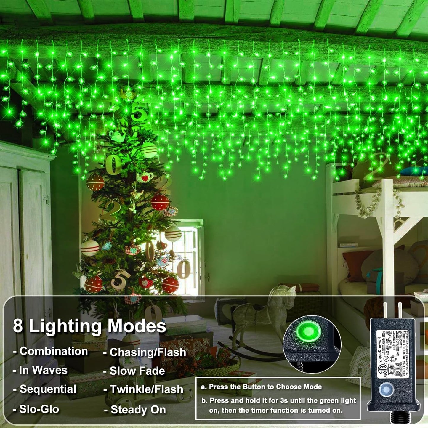 Icicle Lights for Outside, 33FT 400 LED Christmas Lights Outdoor with 8 Modes 75 Drops, Waterproof Connectable Twinkle String Decoration Light for Home Eaves Party Yard Garden Decor, Green