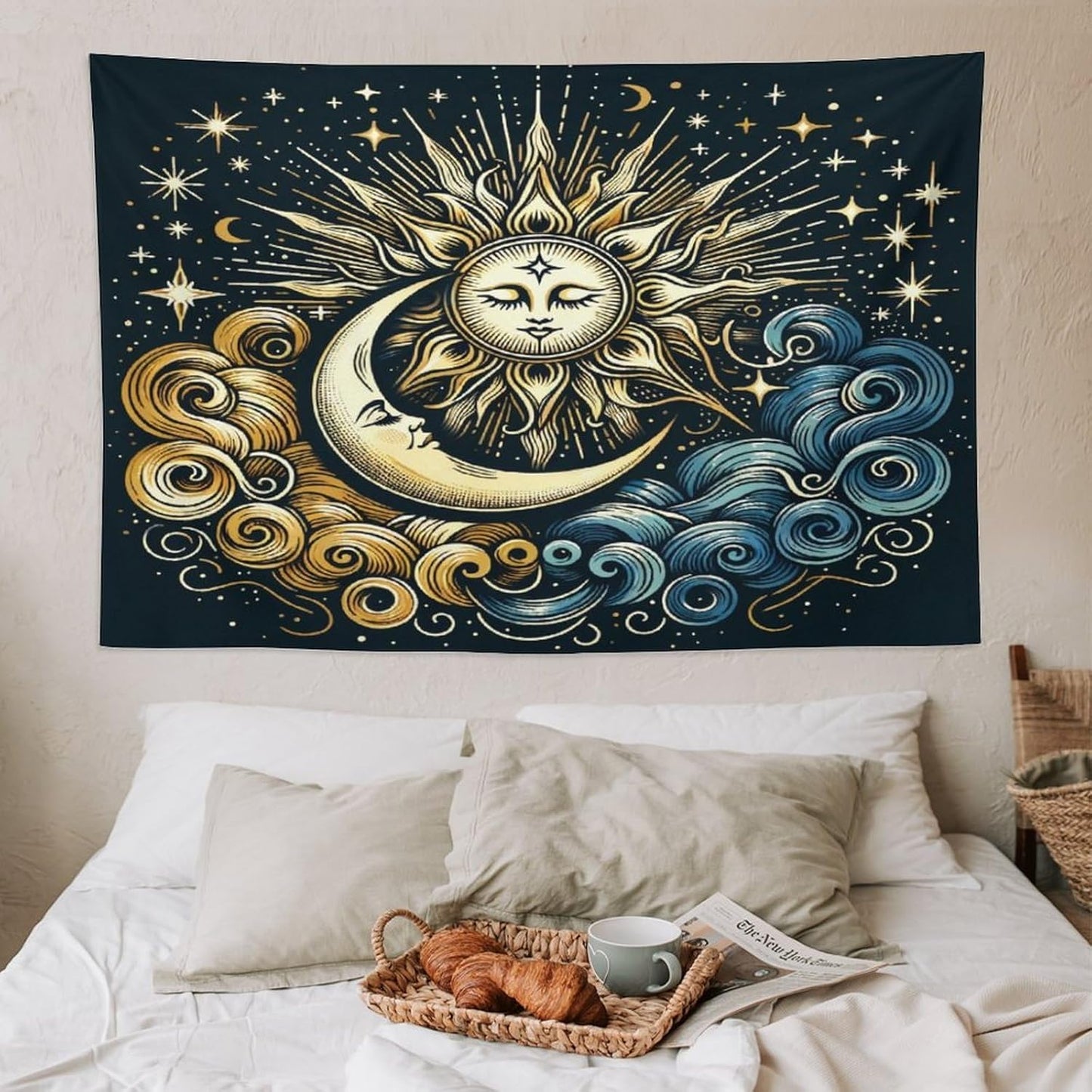 HZOHNAGO Sun Moon Tapestry Boho Golden Stars Pattern Printed Wall Tapestry Wall Hanging for Bedroom Living Room Dorm 90" W x 60" H