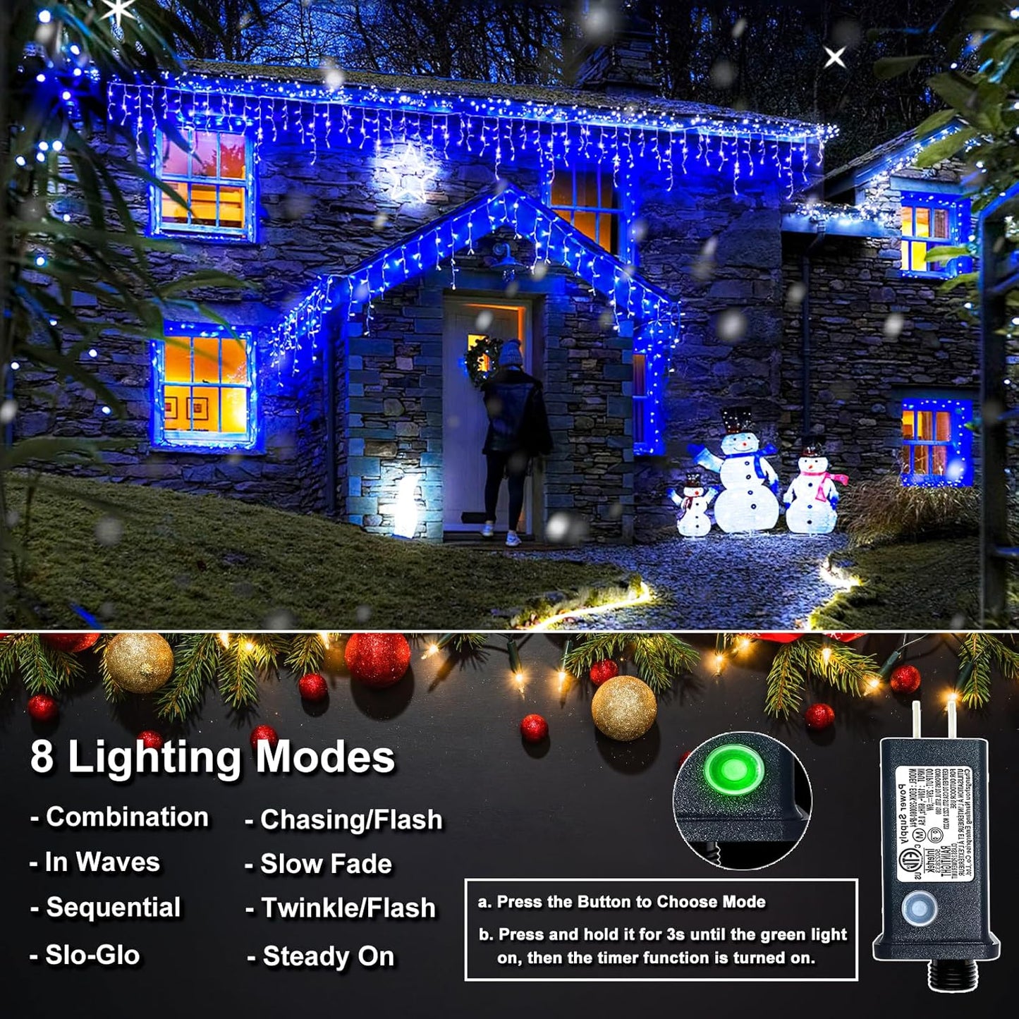 Icicle Lights for Outside, 66FT 640 LED Christmas Icicle Lights Outdoor Indoor with Waterproof 8 Modes, Plug in Curtain String Light for House Patio Roof Garden Party Wedding Decorations, Blue