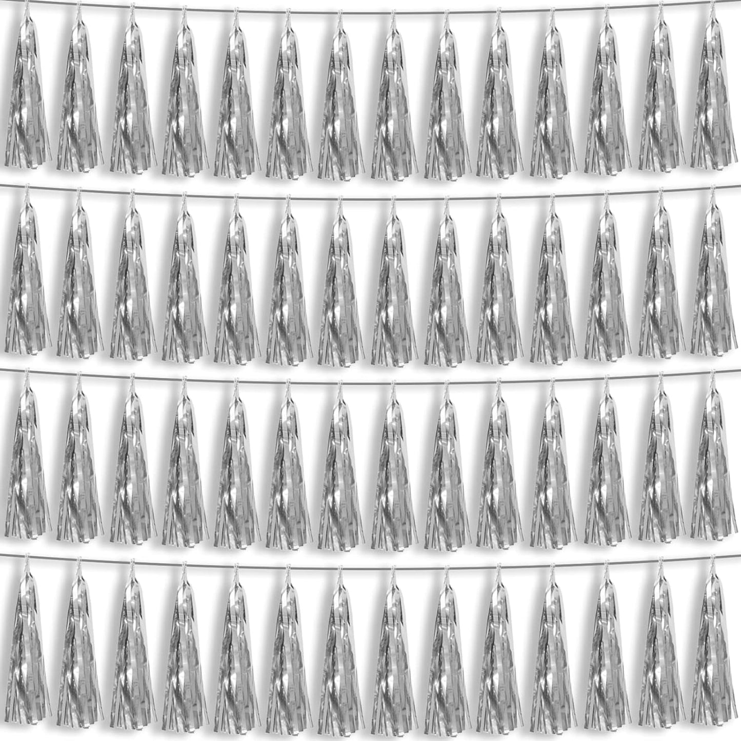 4P Silver Foil Fringe Metallic Tassel Streamers Banner Tassel Garland for Parade Floats, Bachelorette, Wedding, Birthday, Halloween, Christmas, Bridal/Baby Shower Party Decorations