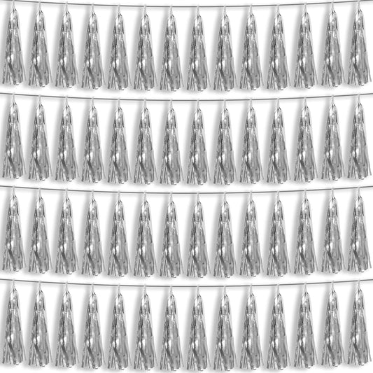 4P Silver Foil Fringe Metallic Tassel Streamers Banner Tassel Garland for Parade Floats, Bachelorette, Wedding, Birthday, Halloween, Christmas, Bridal/Baby Shower Party Decorations