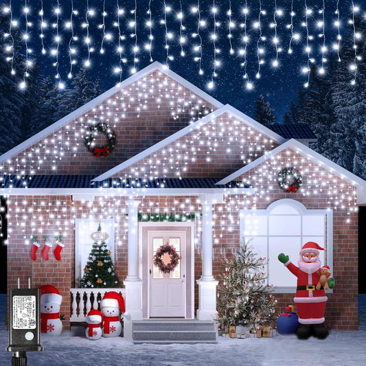 Icicle Lights for Outside, 33FT 400 LED Icicle Christmas Lights with 8 Modes 75 Drops, Waterproof Plug in Curtain String Lights for Outdoor Indoor House Yard Roof Wedding Decorations, White