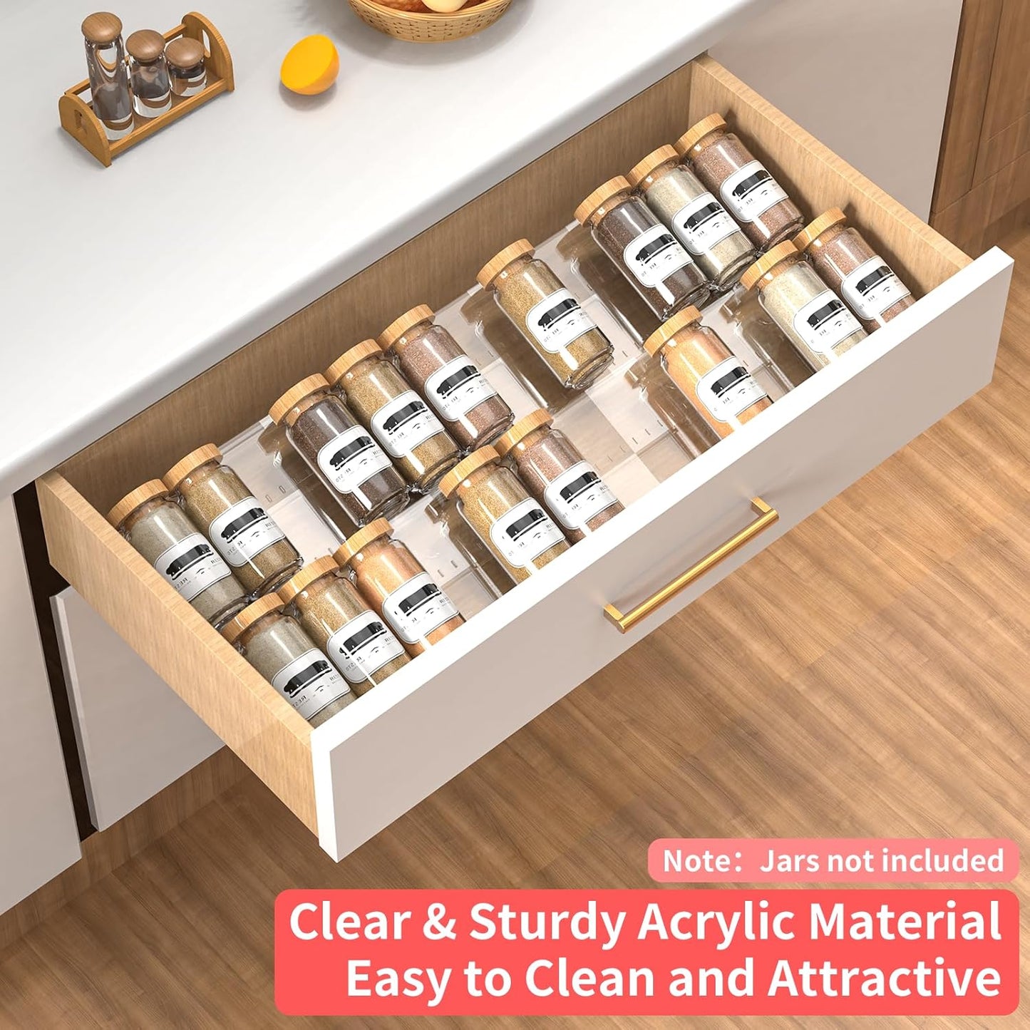 2-Tier Non-Slip Spice Drawer Organizer, 2-Pack Checkered Frosted Clear Acrylic, Expandable (11''-22'') Spice Rack for Kitchen Drawer Storage – Holds Seasonings, Herbs, and Spices (Jars Not Included)
