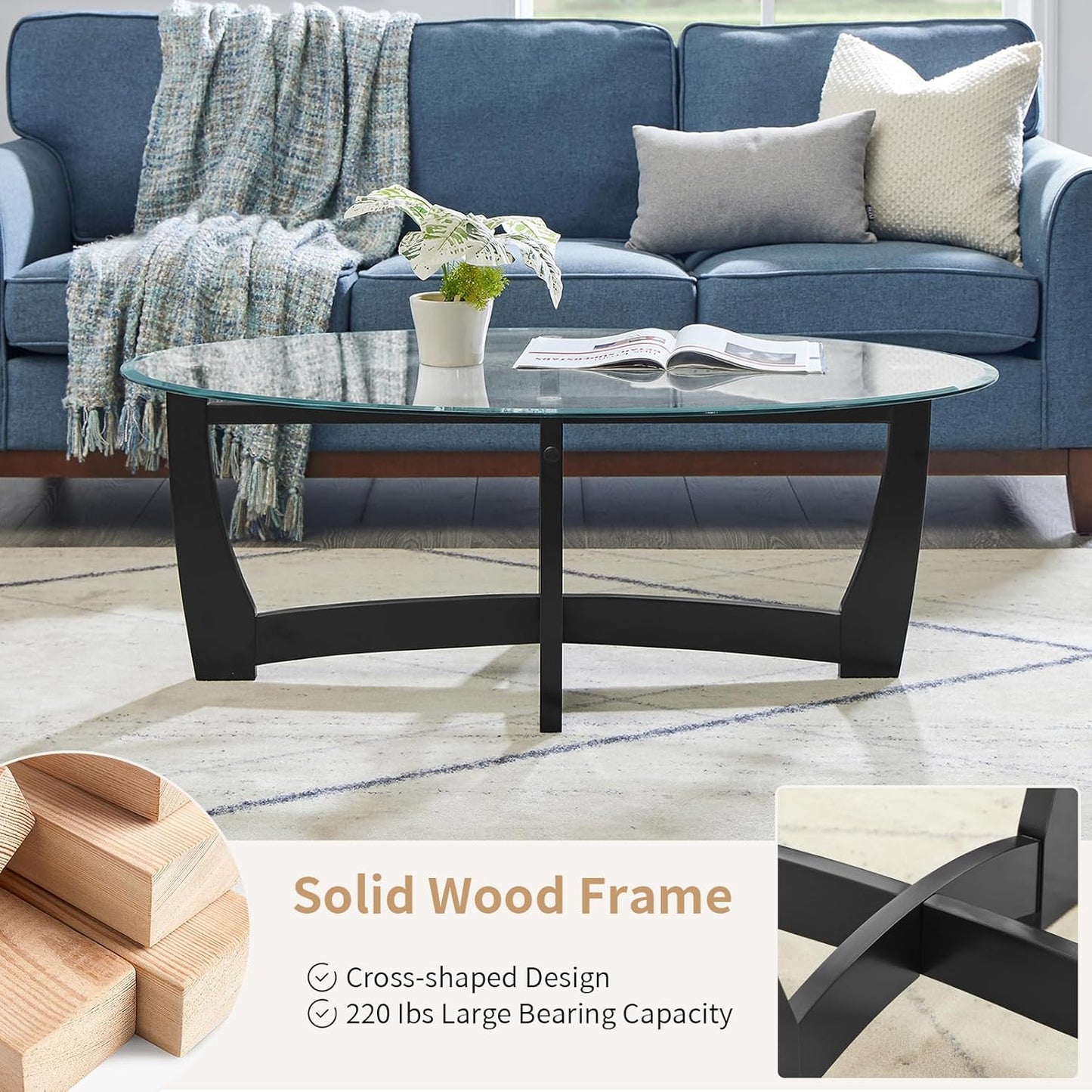 48" Oval Glass Coffee Table with Tempered Glass Top Cross and Solid Wood Base Simple & Modern Center Table for Living Room Office Apartment Black
