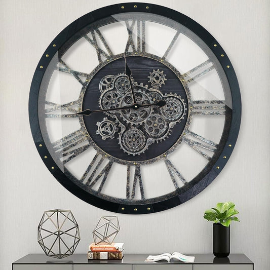 30 Inch Industrial Steampunk Wall Clock, Oversized Solid Wood Frame, Battery Operated, Large Wall Clock with Real Rotating Gears, Black
