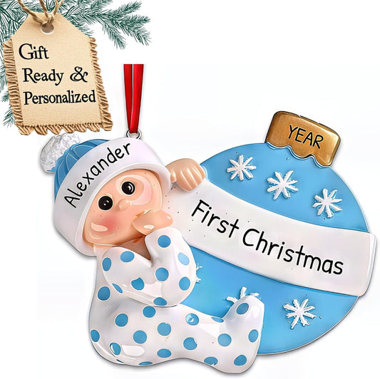 3D Personalized Babys First Christmas Ornament 2025 Boy | Baby's First Christmas Ornament 2025 Baby Ornaments for Xmas Tree My 1st Xmas Ornaments for Couples New Parents - Blue Polka Dot Baby Boy