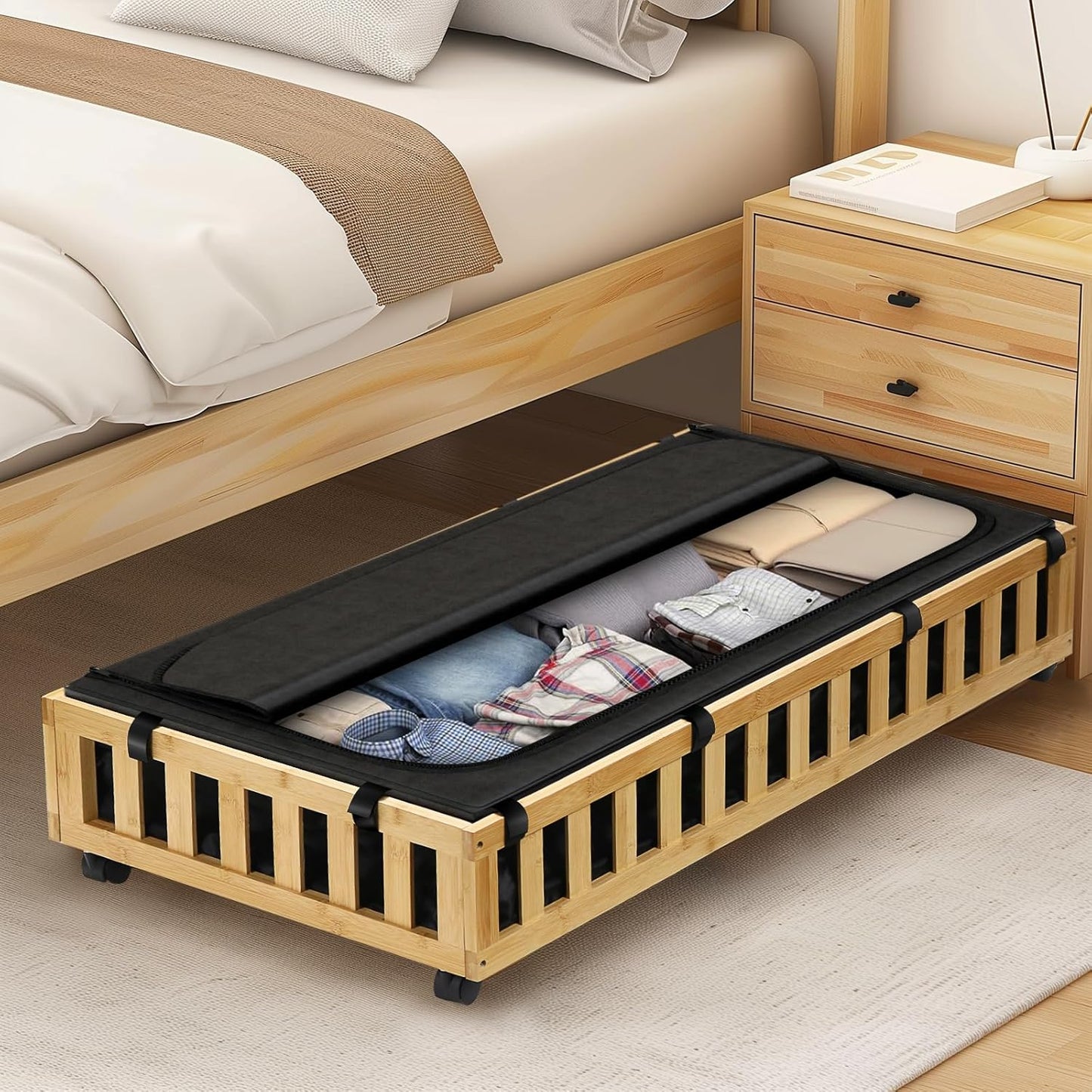 2 Pack Bamboo Under Bed Storage with Wheels, 39”x20”x7.8” Lager Under Bed Storage Containers (Natural)