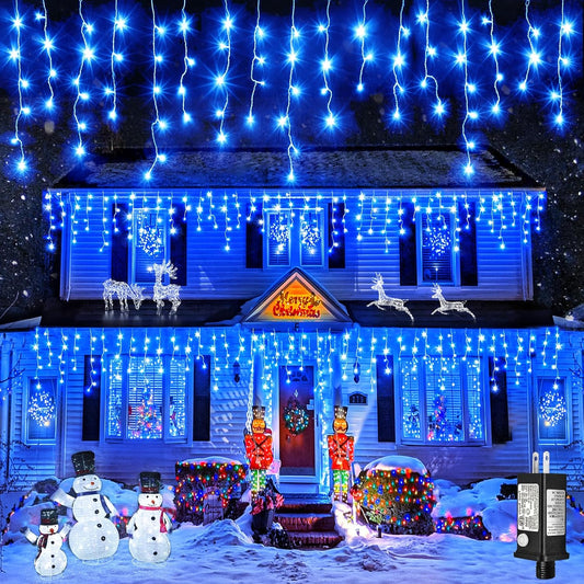 Icicle Christmas Lights Outdoor, 33 FT 400 LED Icicle Lights for Outside 8 Modes with 75 Drops, Plug in Waterproof Hanging Christmas Light for Holiday Pavilion Balcony Decorations, Blue